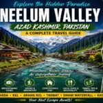 Panoramic view of Neelum Valley featuring the Neelum River, lush green mountains, wooden houses, and the alpine village of Arang Kel in Azad Kashmir, Pakistan.