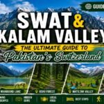 Panoramic view of Swat and Kalam Valley featuring the Swat River, pine forests, Mahodand Lake, snow-capped mountains, and lush green meadows in northern Pakistan.